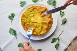 Quiche (cooked) - Sprouted Chickpea Béchamel seasoned with Black Lava salt and Turmeric on a Sprouted Quinoa and Cauliflower crust.  Delightful! at Sprightly in Vancouver