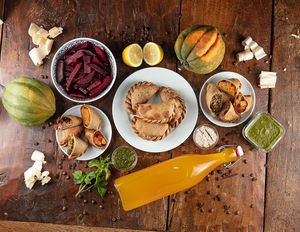 Our Menu with saved pumpkins, lemons and basil as decoration at Centrale Végétale in Zurich