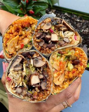 Smokey Mushroom Burrito & Chickin' Tinga Burrito at Más Veggies Taqueria - Downtown in Seattle