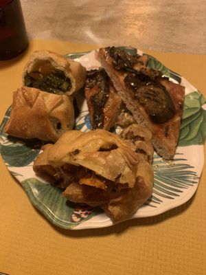 pizza and pastries from buffet  at Vegamore in Milan