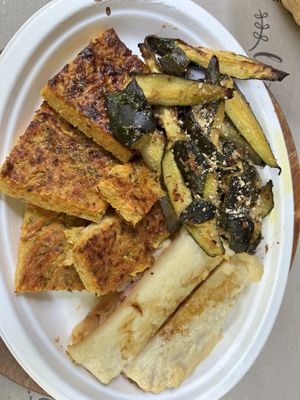 Chickpea frittata, zucchini au gratin & cannelloni with ragu  at Vegamore in Milan