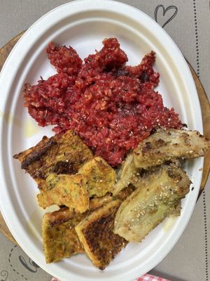 Beetroot risotto, fennel & chickpea frittata   at Vegamore in Milan