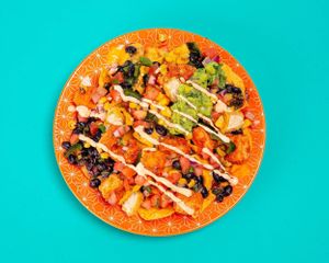 Crispy Poblano Chickin Nachos at Más Veggies Taqueria - Tustin Marketplace in Irvine