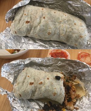 Vegan "fish" burrito, before first bite and after. at Más Veggies Taqueriaa in New York City
