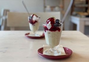Soy Milk Koji Berry Parfait with Brown Rice Puffs, Organic Blackberry Sauce and Amazake at One Natural in Hirosaki