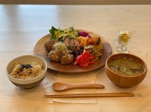 Vegan Lunch with Fried Soymeat, tofu, miso soup, brown rice, salad, etc. at One Natural in Hirosaki