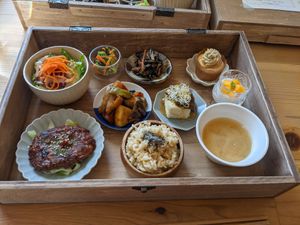 Meal served in a cute box. Loved the mini cup cake to bits. at One Natural in Hirosaki