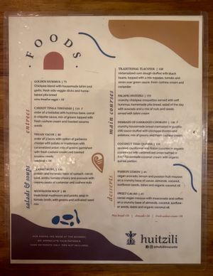 Menu as of late 2021 at Huitzilli in Mazunte