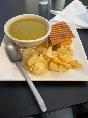 Vegan split pea soup and vegan panini  at Eatcetera in Galveston