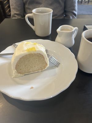 Vegan lemon pound cake with pressed coffee & oat milk. Delicious !  at Eatcetera in Galveston