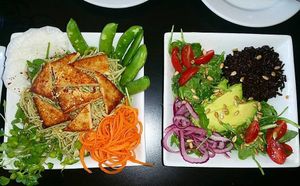 Amazing food! Massaged kale salad (although they were out of kale so I subbed with spinach and arugula), avocado, black rice, cherry tomatoes and the best miso mustard dressing I've ever tasted! Also got the green tea soba noodle salad with carrot spirals, daikon radish, sprouts, snap peas, seared tofu and a ginger miso dressing! SO SO good! Many vegan options and you can veganize just about anything on the menu! at Eatcetera in Galveston