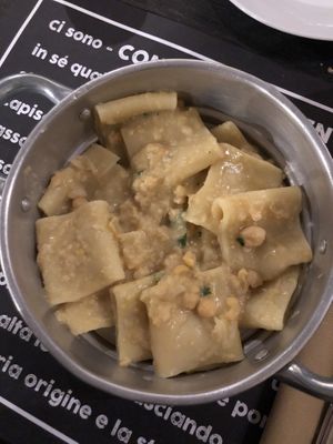 Primi vegan pasta with chickpeas and basil dressings  at Osteria Casa Pepe in Trieste