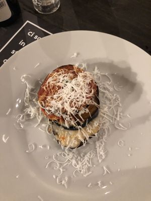 Vegan melanzane with vegan mozzarella and Parmesan  at Osteria Casa Pepe in Trieste