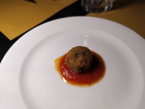 Entree of eggplant ball on tomato sauce 🍅 at Osteria Casa Pepe in Trieste