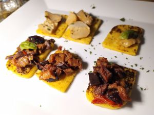 Polenta's bruschette with funghi and eggplants 🍆 at Osteria Casa Pepe in Trieste