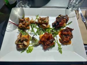 Bruschette di polenta, 3 con funghi e 3 con melanzane at Osteria Casa Pepe in Trieste