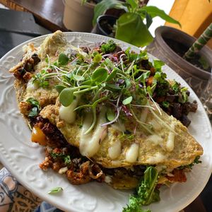 Vegan omelette made with just egg at Rise and Shine Cabaret Cafe in Parkland