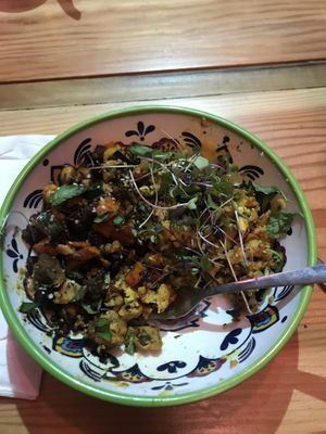 Rise and shine platter (eggs substitute and sweet potato hash in this)  at Rise and Shine Cabaret Cafe in Parkland