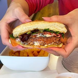 Beyond meat burger with vegan bacon at Opera Café & Coffeehouse in Austin