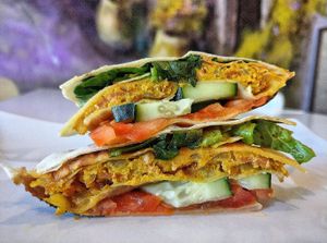 Bacon and eggs wrap (vegan) at Opera Café & Coffeehouse in Austin