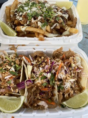 Thai chicken tacos (yum) and the special of teriyaki loaded fries (yum) 😋 at Earth Aloha Eats - Kahului in Kahului
