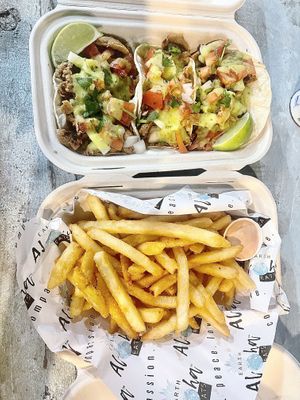 Amazing Mexican tacos and crispy fries!  at Earth Aloha Eats - Kahului in Kahului