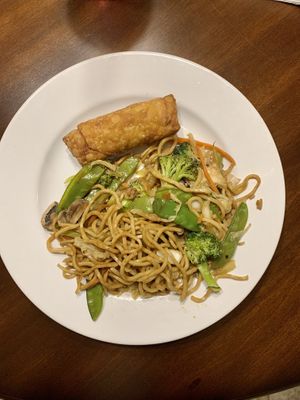 Vegetable lo mein combo- “chicken” egg roll and vegetable lo mein (with egg noodles)  at Dragon City in High Point