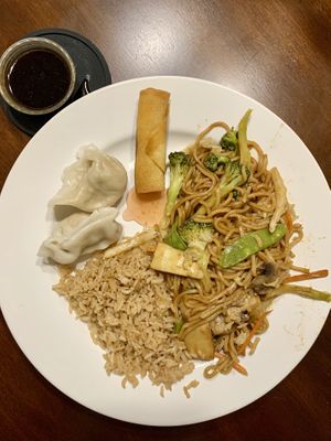 Vegetable lo mein combo with vegan noodles and spring roll, and steamed vegetable dumplings as an appetizer at Dragon City in High Point