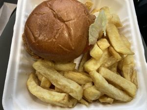 Vegan “chicken” burger and chips at #fish - Haymarket in Edinburgh