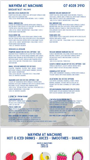 Current menu as of Feb 2021 featuring several vegan options at Mayhem At Machans in Machans Beach