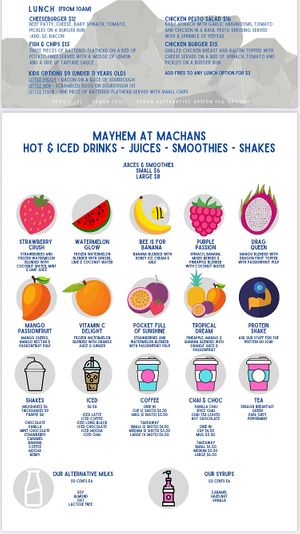 Current menu as of Feb 2021.  at Mayhem At Machans in Machans Beach