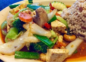 cashew and mixed vegetables plate with soft tofu at Top Thai in Castro Valley