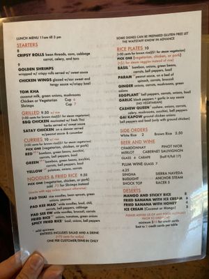 Lunch menu at Top Thai in Castro Valley