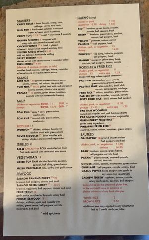 Dinner menu (front)  at Top Thai in Castro Valley