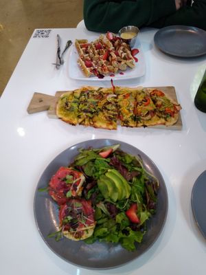 Top to bottom: waffles, la vegana, tofu benedict at Belse in Dallas