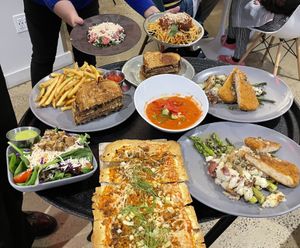 Fennel Flatbread, Panko Crusted Piccata, Citrus Kale Salad, Patty Melt and Spaghetti (special)  at Belse in Dallas