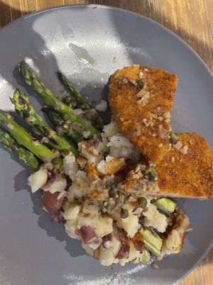  Panko Crusted Piccata with smashed red potato and asparagus   at Belse in Dallas