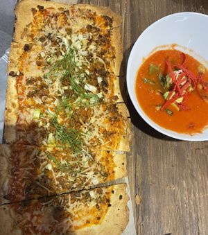 Fennel Flatbread and Tomato Cactus Soup  at Belse in Dallas