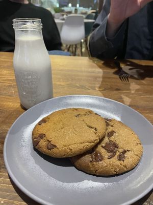 Oat milk and chocolate chip cookies - best dessert hands down. Also superb - the Apple tart and Chocolate cake.   at Belse in Dallas