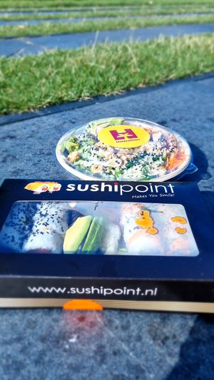 Our take away lunch (from sushi point and Hawaiian poke bowl) at SushiPoint in Tilburg