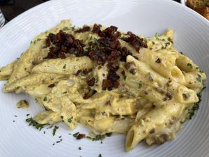 Gluten free pens with avocado egg and shiitake bacon at Pura Vita in Redondo Beach