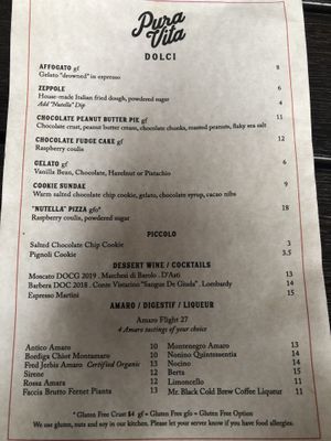 Dessert menu  at Pura Vita in Redondo Beach