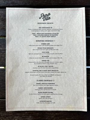 Cocktail Menu  at Pura Vita in Redondo Beach