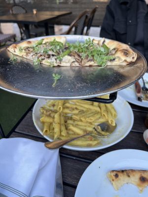 Black Magic pizza and the Carbonara   at Pura Vita in Redondo Beach