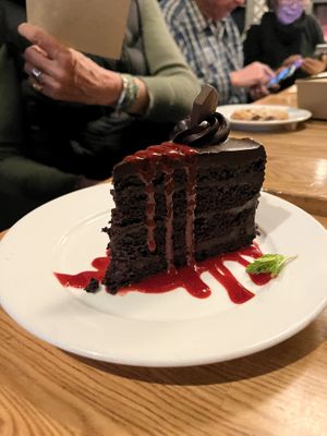 Chocolate fudge raspberry cake   at Pura Vita in Redondo Beach