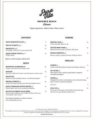 Dinner Menu 1 of 2 at Pura Vita in Redondo Beach
