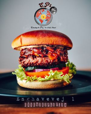 E.P's Beyond burger with caramelized BBQ onions at E.P's Takeaway in Copenhagen