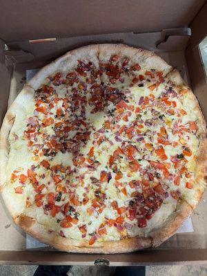 Bruschetta pizza with vegan cheese. 12/10  at Nick's Pizza Restaurant in Bethlehem