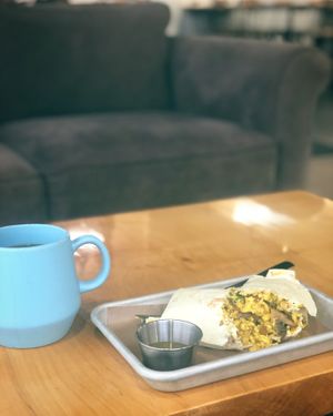 Vegan breakfast burrito and drip coffee  at The Hip Cafe in Fayetteville