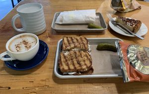 London fog, cappuccino, Cuban sandwich, Pastrami Sandwich, pumpkin spice cheesecake  at The Hip Cafe in Fayetteville